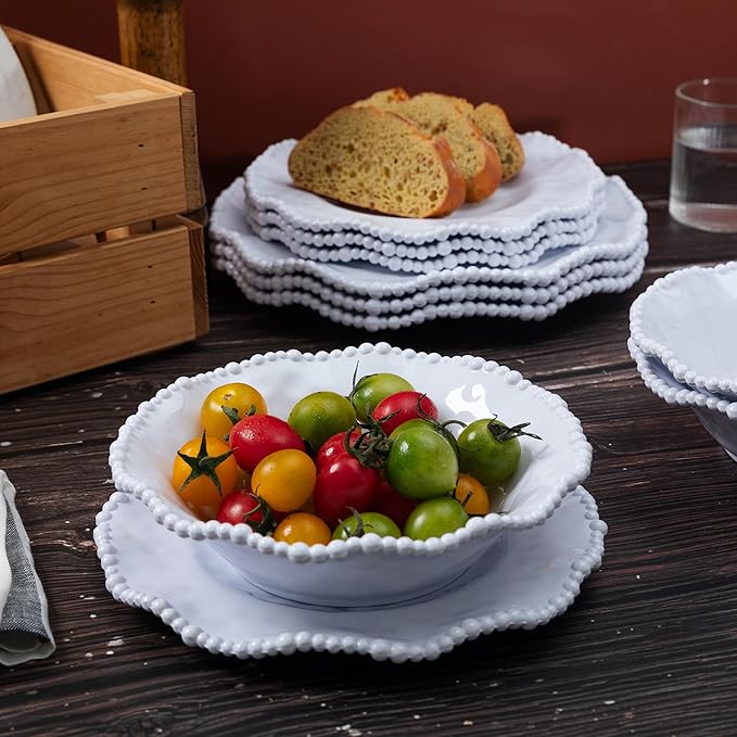 12-Piece White Beaded Melamine Dinnerware Sets – Chip-Resistant Plates & Bowls, Farmhouse Dining Set includes 4 dinner, 4 Salad and 4 Bowl – Ideal for RV, Cabin, Daily Use