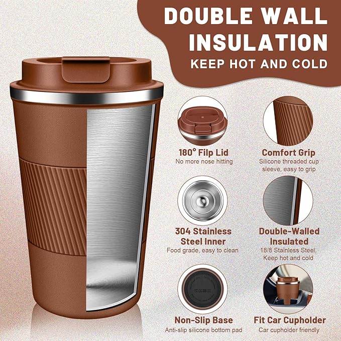Insulated Coffee Tumblers with Flip Lid 12oz / 17oz, Stainless Steel Travel Coffee Mug Leak Proof, Vacuum Insulated Coffee Mug Reusable Cup, Keeps Cold and Hot for Coffee Tea