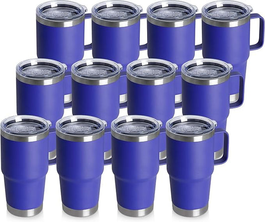 20oz Tumbler Bulk with Lid, Stainless Steel Tumbler Bulk with Handle, Metal Insulated Travel Coffee Mug Set with Handle, Double Wall Vacuum Leak Proof Tumbler Cup, Blue 12 Pack