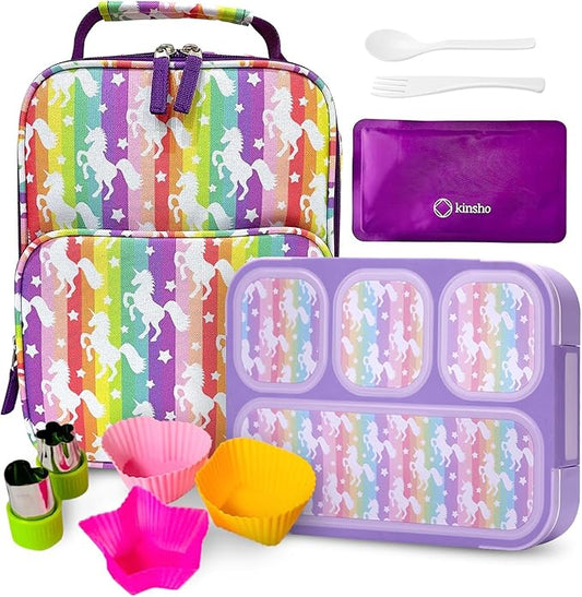 Bento Lunch Box with Insulated Bag, Ice Pack and Bento Accessories for Girls. Snack Containers with 4 Compartment Dividers for Toddlers Pre-School Daycare BPA Free Set, Utensils, Rainbow Unicorn