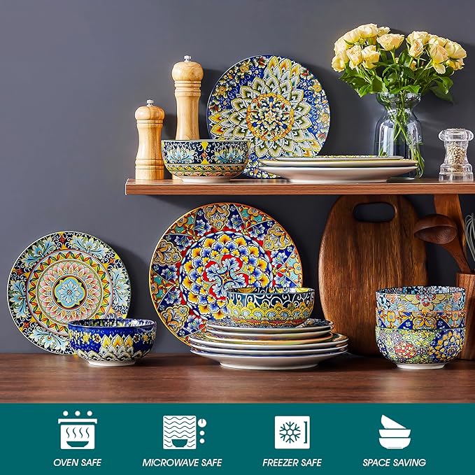 vancasso 18 Pieces Dinnerware Sets, Plates and Bowls Set, Porcelain Dishes Set for 6, Microwave and Dishwasher Safe, Scratch Resistant, Bohemian Style Dining Ware Service for 6, Series SIMI