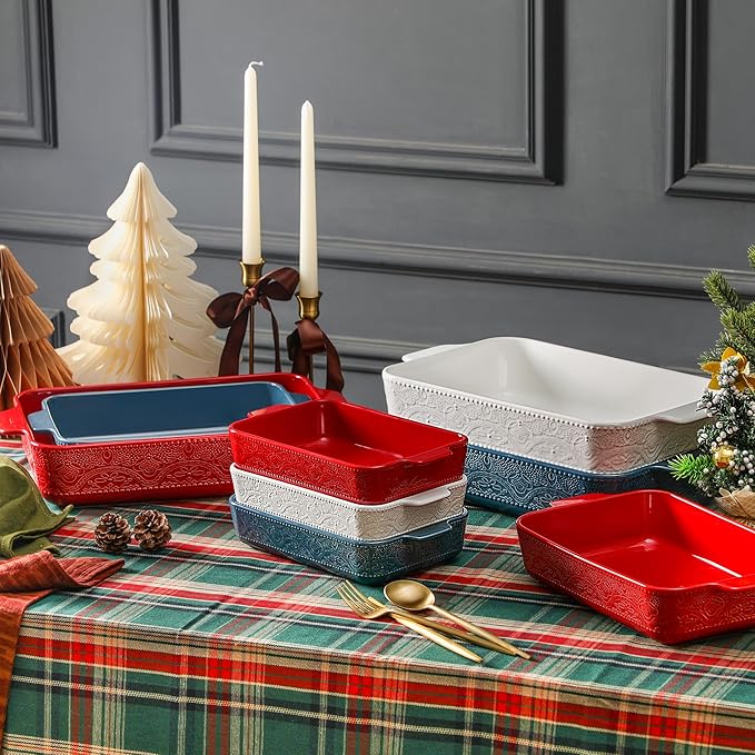Ceramic Baking Dish Set of 3, Casserole Dishes for Oven, Ideal for Baking, Stewing, Roasting, and Holiday Feasts. The Gift for Mother's Day, Thanksgiving, Christmas, or Housewarming(Christmas Red）