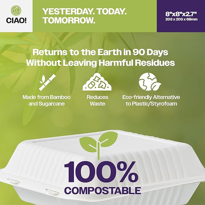 CIAO! 8"x8"x3" Clamshell 1 Compartment 100% Compostable Ecofriendly PFAS Free Unbleached Bagasse Natural White (200/case)