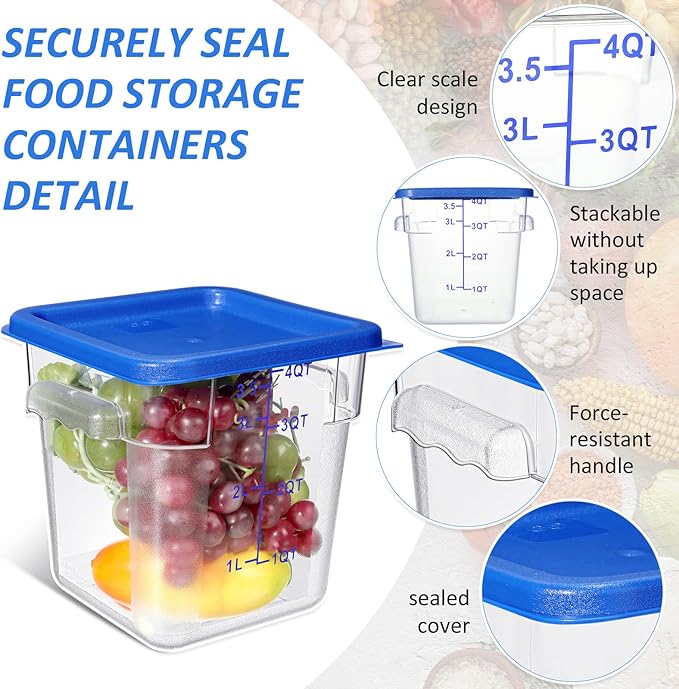 Yungyan 12 Pcs 6 Qt Commercial Food Storage Containers with blue Lids Restaurant Square Airtight Food Storage Containers Clear Cereal Container for Kitchen Freezer Dishwasher Pantry