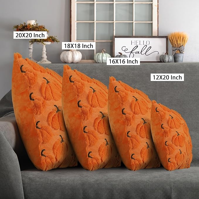 4TH Emotion Fall Pumpkins Decorative Lumbar Pillow Covers 12x20 Set of 2, Orange Soft Plush Faux Fur Wool Farmhouse Throw Cushion Cases for Autumn Thanksgiving Holiday Home Decorations