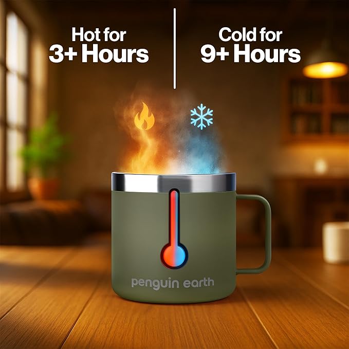 14 oz. Camping Mug with Lid, Coffee Mug. Travel Cup, Powder Coated, Vacuum Insulated, Stainless Steel, BPA Free. Travel Tumbler Cup, Dishwater safe (Green)