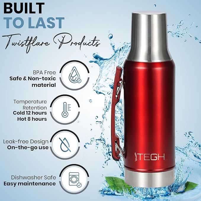 TEGH 40 oz insulated water bottle | vacuum insulated wide mouth water bottle | leakproof travel bottle | BPA-free stainless steel sports water bottle | hot and cold beverage bottle
