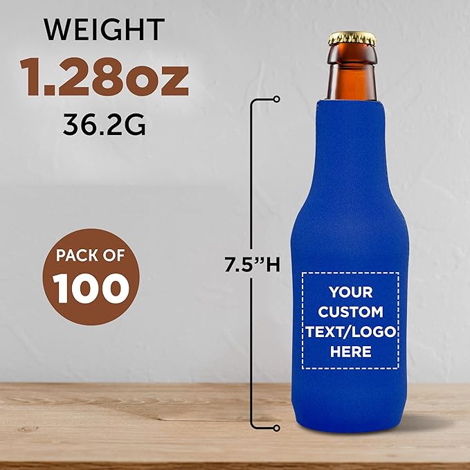 100 Neoprene Zippered Beer Bottle Coolies Pack - Customizable Text, Logo - Sharkskin Rubber Bottom - Royal Blue