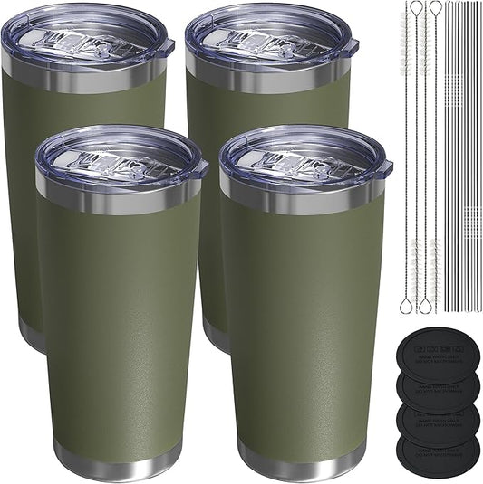 Travel Coffee Tumbler 20oz, 4 Pack Leakproof Travel Coffee Mug with Lid and Straw, Stainless Steel Double Wall Vacuum Insulated Tumbler for Hot/Iced Drinks (Textured Matte, Army Green)