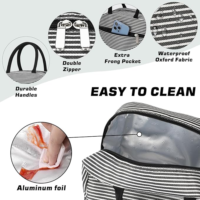 BALORAY Lunch Bag for Women Men Cute Reusable Insulated Lunch Box Large Capacity Lunch Tote Bag for Work, Picnic or Travel (Zipper Stripes)