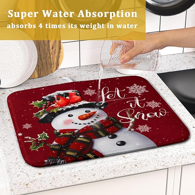 Christmas Dish Drying Mat for Kitchen Counter Snowman Let It Snow Microfiber Absorbent Dish Draining Reusable Washable Foldable 16"x18"
