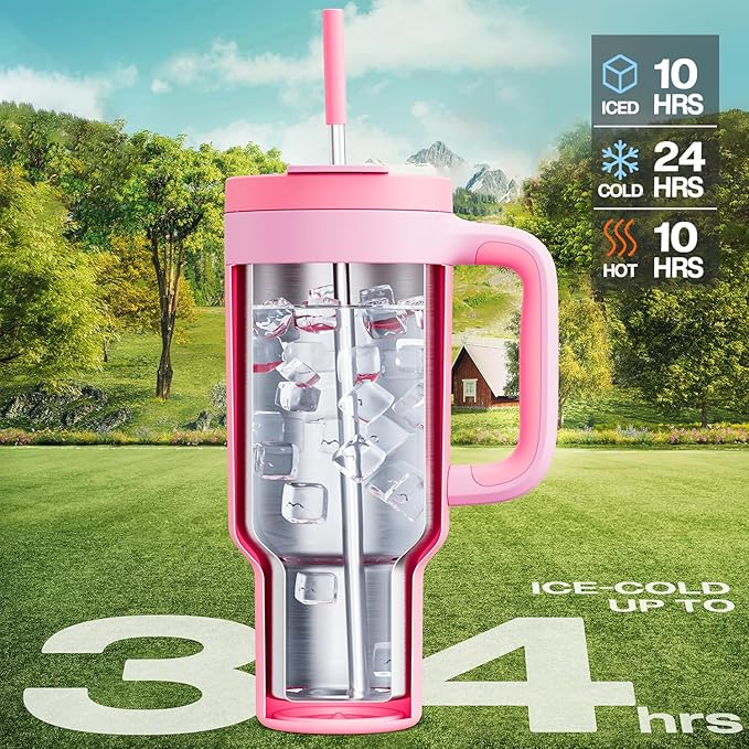 40 oz Tumbler with Handle, 2-in-1 Straw and Sip Lid, Leakproof, Dishwasher Safe, Insulated Stainless Steel Travel Coffee Mug, Keeps Cold for 34 Hours, Fits in Car Cup Holder (Coral)