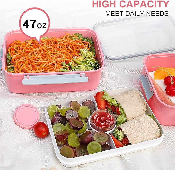 3 Pack Salad Lunch Box Food Storage Containers, 47oz Bento Box To Go Container with Lids, Meal Prep Containers with Removable Tray & Dressing Pots for Kids and Adults, Reusable and Microwave Safe