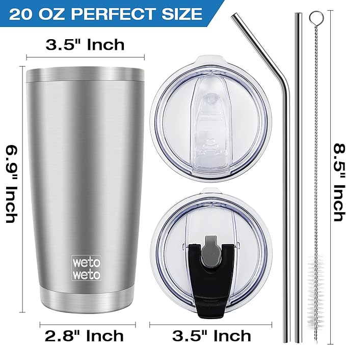 WETOWETO 20oz Tumbler with 2 lids and 2 straws, Stainless Steel Vacuum Insulated Water Coffee Tumbler Cup, Double Wall Powder Coated Spill-Proof Travel Mug Thermal Cup (Stainless, 1 Pack)