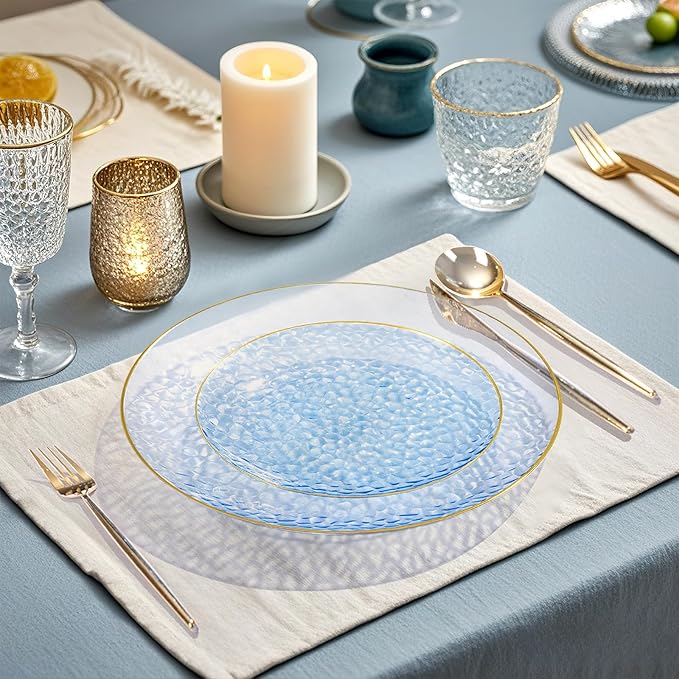 Rubtlamp 100 Pcs Blue And Gold Plastic Plates - 10 inch Clear Blue Gold Dinner Plates - Hammer Pattern Design - Fancy Disposable Plates - Heavy-Duty Party Plate for All Occasions