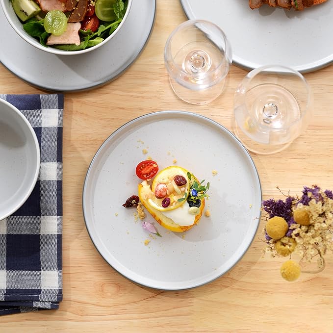 Melamine Dinnerware Sets, Dishware Sets for 4, 12 Pcs Plate and Bowl Set with Lipped Edges, Lightweight Dish Set for Camping,Dishwasher Safe,Good for Housewarming(Light Grey,White)