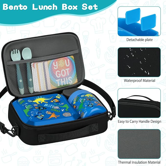 Bento Lunch Box for Kids with 12oz Soup Thermo Leak-Proof Lunch Food Container with 5 Compartment Thermo Hot Food Jar and Insulated Lunch Bag for Kid Toddler Girls Boys to School