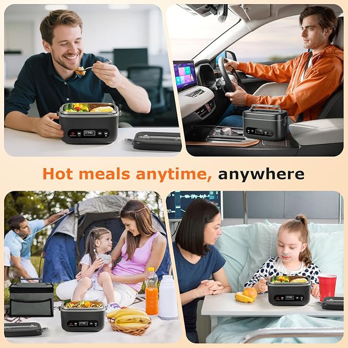 1.2L Cordless Electric Lunch Box – 20000mAh Rechargeable Portable Food Warmer with 5-Sided Heating, Auto Temperature Control, Leakproof & BPA-Free – Perfect for Office, Truck, Outdoors Black