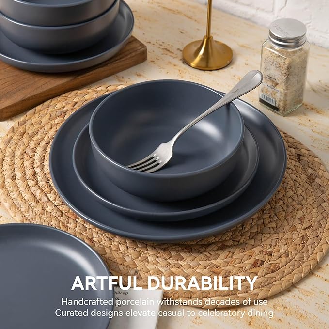 12-Piece Matte Blue Dinnerware Set,Stoneware Dinnerware for 3, Microwave & Dishwasher Safe, Stackable Design for Kitchen and Dining - Plates,Bowls and Mugs