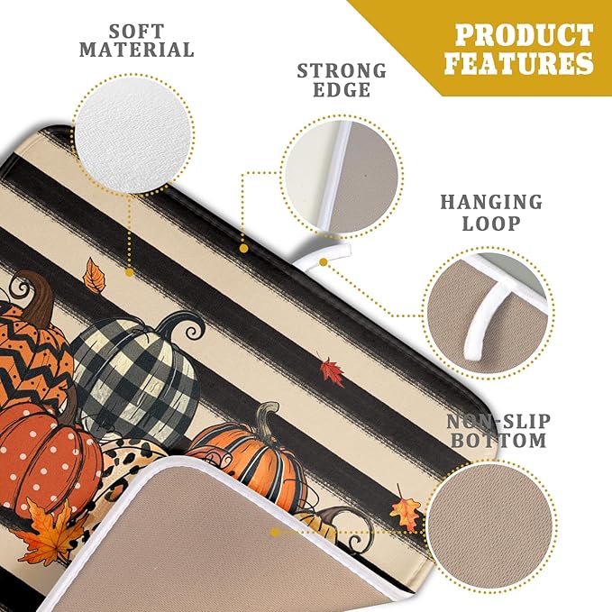 Autumn Pumpkin Dish Drying Mats 16x18 In, Fall Leopard Buffalo Plaid Thanksgiving Halloween Absorbent Microfiber Quick Dry Dishes Drainer Rack Mat for Kitchen Counter Decor