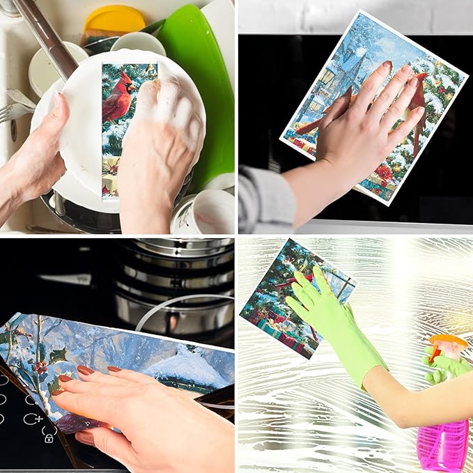 Cardinal Swedish Dishcloths for Kitchen - 6PCS Cardinal Bird Christmas Swedish Cloths for Washing Dishes, Winter Christmas Reusable Dish Towels, Xmas Washable Cleaning Sponge Gifts