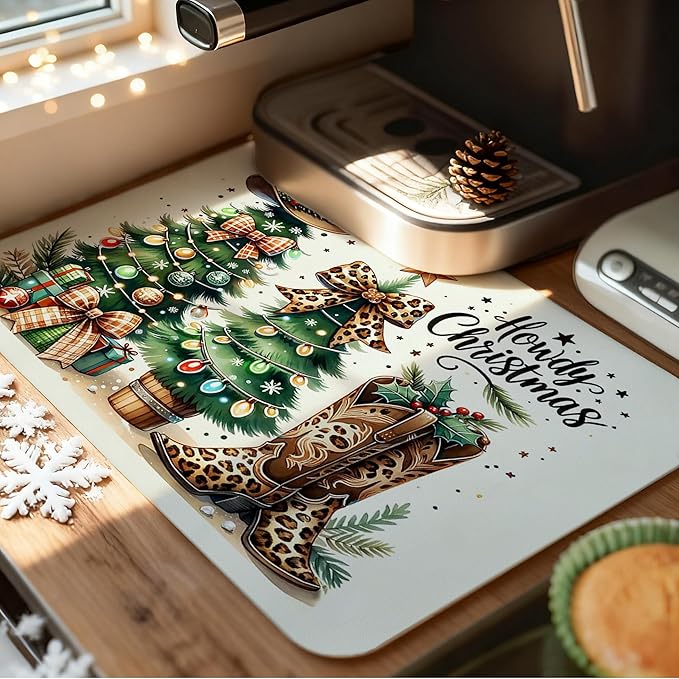 Western Christmas Tree Dish Drying Mat, Leopard Bow Cowgirl Christmas Coffee Bar Mat for Countertops, Holiday Xmas Absorbent Dish Drying Mats for Kitchen Counter Coffee Maker, 16x24 Inch