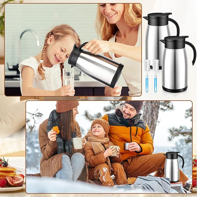 Uiifan 2 Pcs Thermal Coffee Carafe Insulated Stainless Steel Coffee Carafes for Keeping Hot and Cold Double Walled Vacuum Thermal Pot Flask with Brush for Water Milk Tea Home and Office(Silver,34oz)