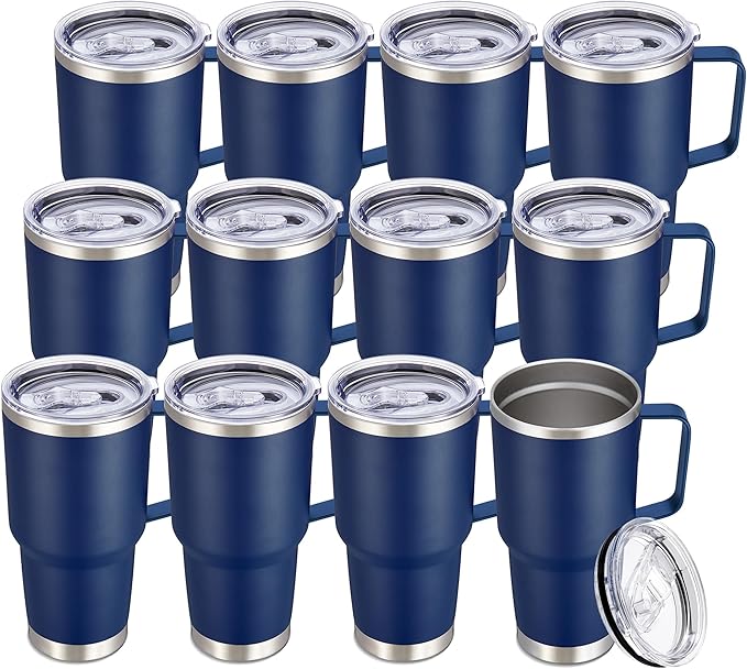 30 oz Tumbler with Handle and Lid, Stainless Steel Tumblers Bulk Double Wall Vacuum Insulated Travel Mug Leak Proof Cup Keep Drinks Cold and Hot Navy, 12 Pack
