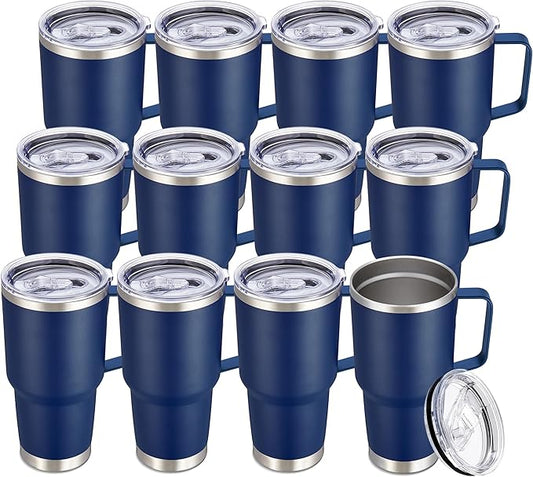 30 oz Tumbler with Handle and Lid, Stainless Steel Tumblers Bulk Double Wall Vacuum Insulated Travel Mug Leak Proof Cup Keep Drinks Cold and Hot Navy, 12 Pack