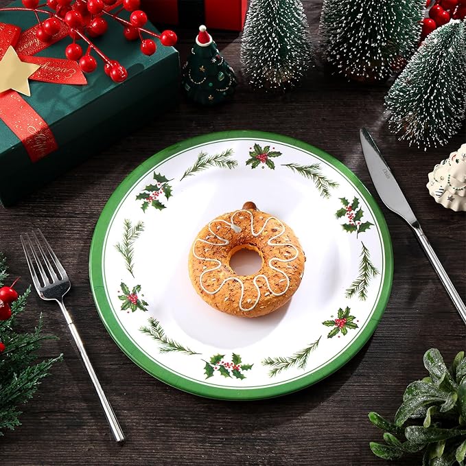 6 Pcs Christmas Dinner Plates Xmas Tree Melamine Dinnerware Green Plates Xmas Wreath Dishes Holiday Tableware for Dessert Salad Appetizer Birthday Party(Christmas Wreath,10 Inches)
