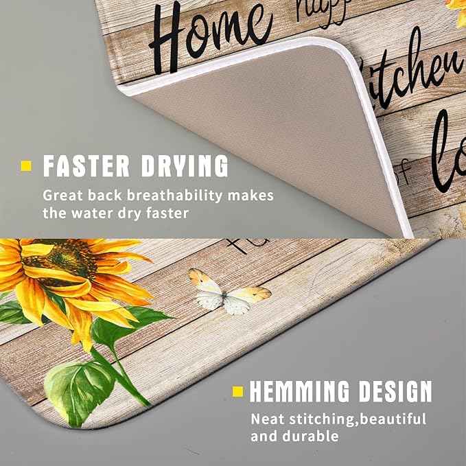 Sunflower Floral Dish Drying Mat for Kitchen Countertop 16x18 inch Rustic Wood Washable Microfiber Absorbent Dishes Drainer Rack Pad