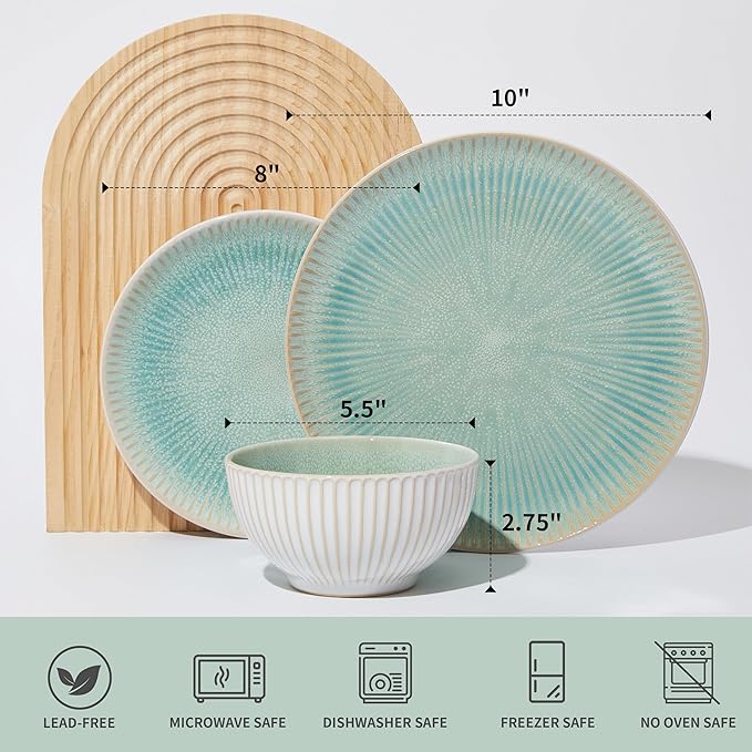 Stoneware Dinnerware Sets, Round Reactive Glaze Ceramic Plates and Bowls Set, Dishwasher & Microwave Safe Dishes Set, Distinctive Granulated Surface Service for 4 (12pc)