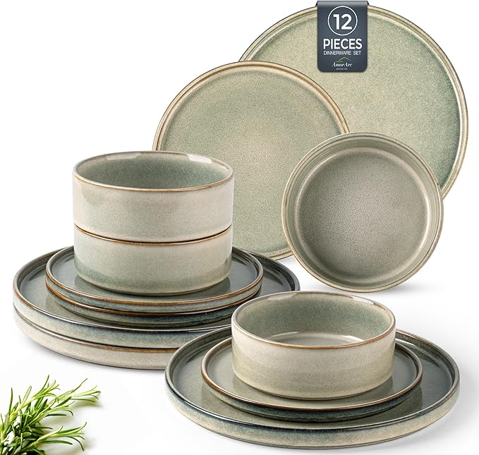 AmorArc Ceramic Dinnerware Sets, Handmade Reactive Glaze Stoneware Plates and Bowls Sets,Highly Chip and Crack Resistant | Dishwasher & Microwave Safe Dishes Set, Service for 4 (12pc)