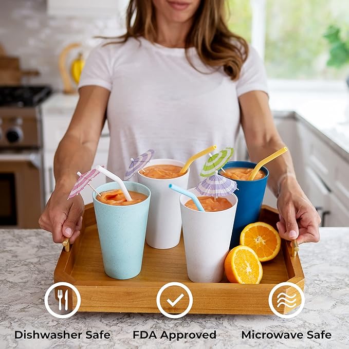 Grow Forward Premium Wheat Straw Cups - 20 oz Unbreakable BPA Free Hard Plastic Cups - Reusable Lightweight Plastic Drinking Glasses for Kitchen, Outdoor, Water, Camping, RV - Ocean