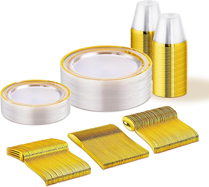 150 PCS Clear Gold Disposable Dinnerware Set for 25 Guests, Clear and Gold Plastic Plates for Party, 25 Dinner Plates, 25 Salad Plates, 25 Cups, 25 Spoons Forks Knives for Wedding and Party Supplies