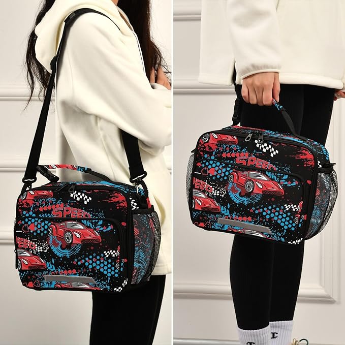 ALAZA Race Car Boys Lunch Box Kids Lunchbox Insulated Reusable Meal Container Lunchbag with Shoulder Strap