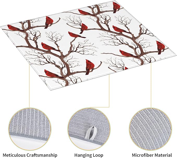 Winter Cardinal Birds Dish Drying Mat for Kitchen Counter Washable Absorbent Drying Mat Reversible Microfiber Drying Pad Home Holiday Decor Kitchen Accessories 16"x18"