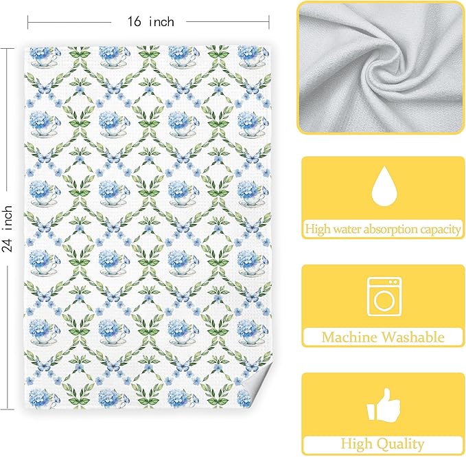 Blue Hydrangea Chinoiserie Floral Butterfly Tea Hand Dish Towels for Kitchen Bathroom, Chinoiserie Hydrangea Decor, Blue Hydrangeas Gifts, Coffee Towels for Coffee Bar Kitchen Bathroom, 16x24