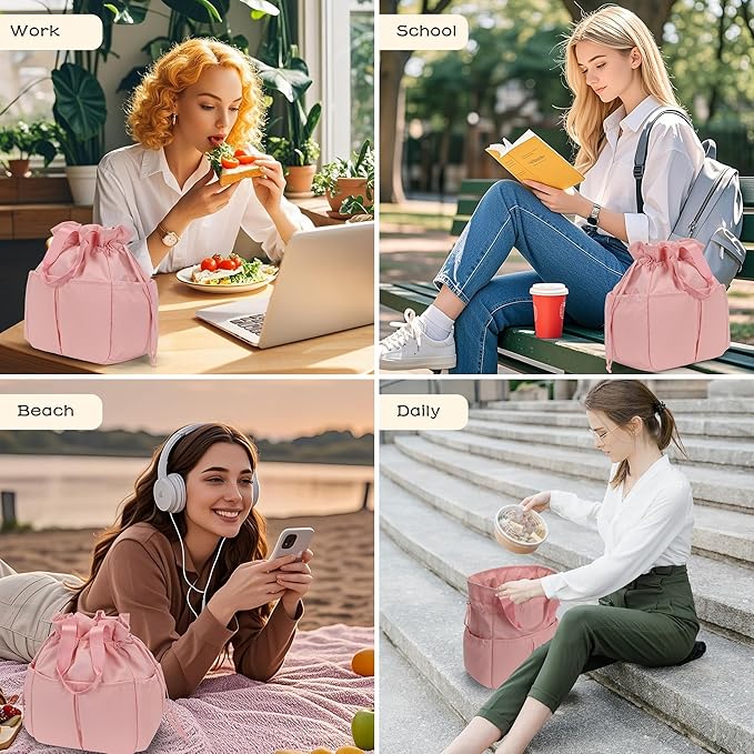 VS VOGSHOW Lunch Bag Women Cute Insulated Drawstring Lunch Bag 16 Cans Large Capacity Lunch Box for Work, Picnic, Outdoor (Pink)