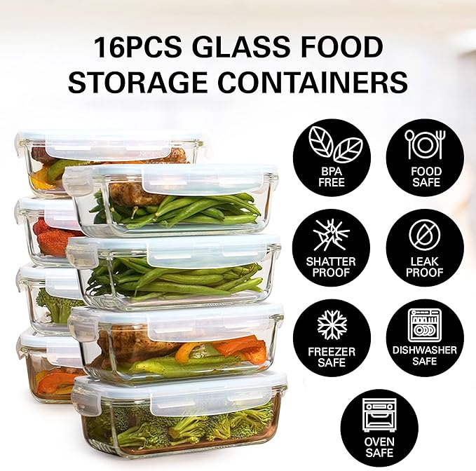 Razab 16 Pc (Set of 8) 30 Oz Glass Meal Prep Containers with Lids, Airtight Large Glass Food Storage Containers, Reusable Leak Proof BPA Free, Freezer to Oven and Dishwasher Safe