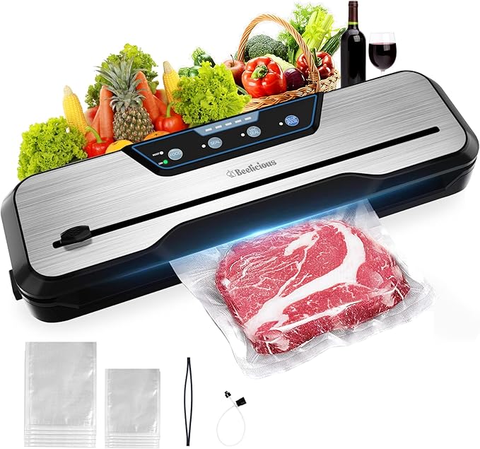 Automatic Food Vacuum Sealer Machine, Beelicious 8-In-1 Food Vacuum Saver with Starter Kits, Pulse Function, Moist & Dry Mode and External VAC for Jars and Containers