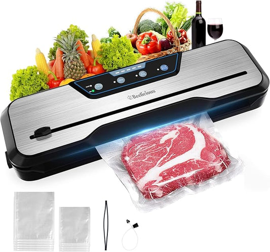 Automatic Food Vacuum Sealer Machine, Beelicious 8-In-1 Food Vacuum Saver with Starter Kits, Pulse Function, Moist & Dry Mode and External VAC for Jars and Containers