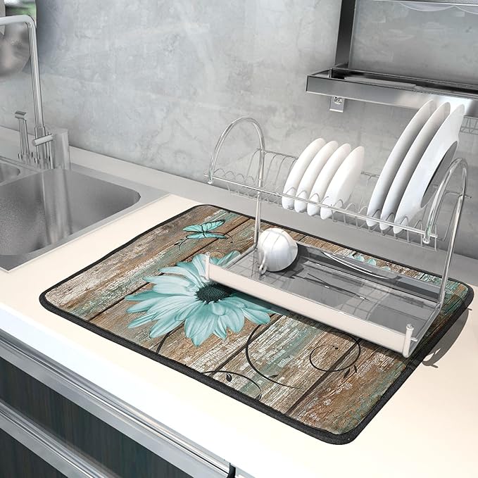 Rustic Daisy Dish Drying Mat for Kitchen Countertop 18x24 inch Teal Sunflowers on Wooden Board Dish Drainer Mats Fast Drying Country Vintage Style Shabby Chic Flower Dish Drying Pad Decor Large