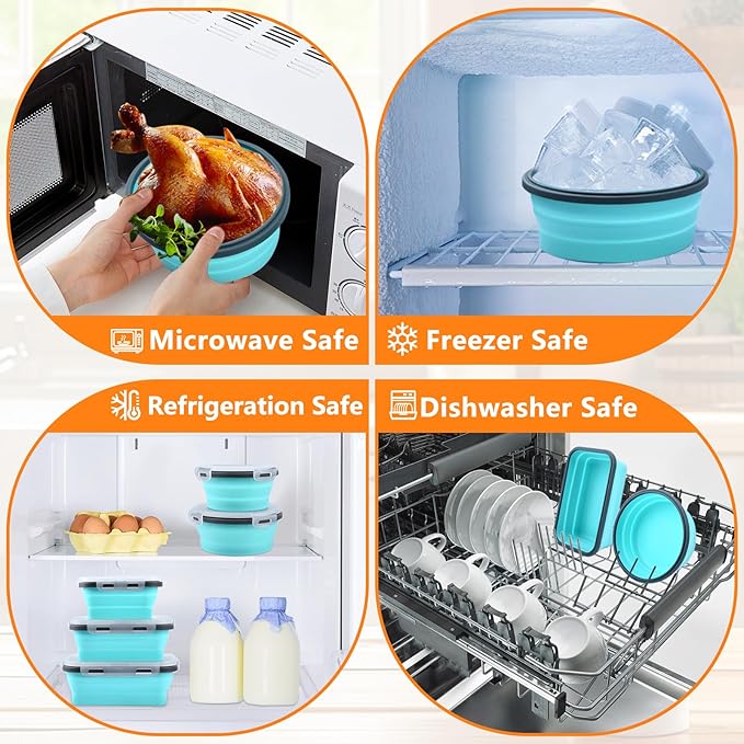 8 Pack Collapsible Food Storage Containers with Lid & Air Vent, 4 Rectangular and 4 Round Foldable Collapsible Storage Containers Sets, Lunch Bowls for Travel, Microwave Freezer Dishwasher Safe