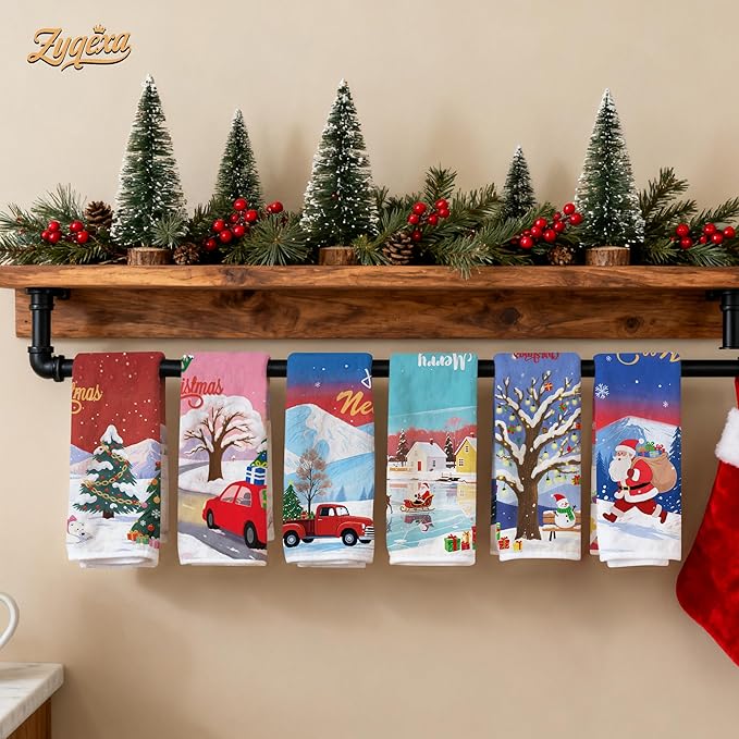 Christmas Kitchen Towels Xmas Hand Towel Decorative - Tea Towel Winter Snowy Decor Towel Absorbent Sets with Hanging Loop for Dish Holiday Garden Farmhouse Bathroom, 6 Pcs