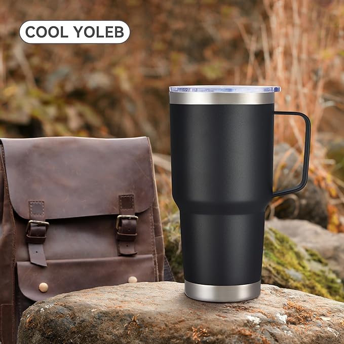 30 oz Tumbler with Handle and Lid, Stainless Steel Tumblers Double Wall Vacuum Insulated Travel Mug Leak Proof Cup Keep Drinks Cold and Hot Black, 1 Pack