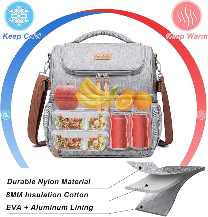 Artelaris Lunch Bag for Men Women, Large Double Deck Lunch Box Tote for Work, Dual Compartment Insulated Leakproof Lunchbox Cooler for Adult with Shoulder Strap & Side Pocket for Picnic Hiking Outdoor