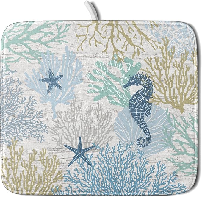 Blue Coral Dish Drying Mat Coastal Starfish Dishes Pad Hanging Drainer Mats Reversible Absorbent Kitchen Counter Protector 16x18 Inch