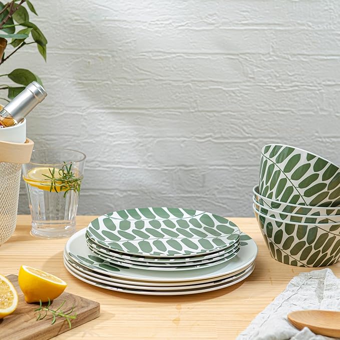 Bzyoo 12-Piece Melamine Dinnerware Set - Leaf | Lightweight, Durable, BPA-Free | Dishwasher Safe Dish Set for Indoor & Outdoor Use - Perfect for Camping, BBQs, Kids