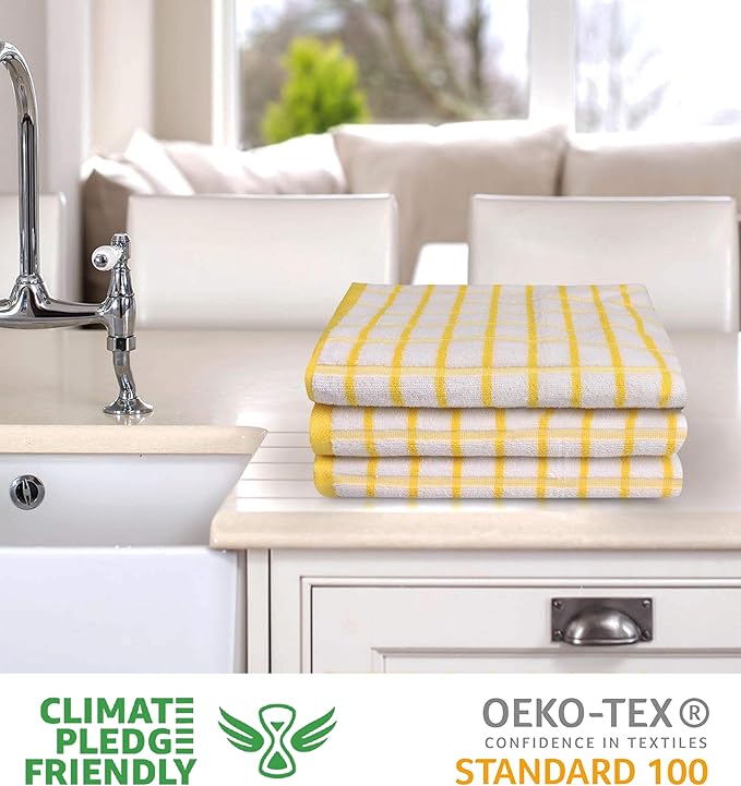 Urban Villa Kitchen Towels Yellow/White Set of 3 Terry Kitchen Towels 100% Cotton Ultra Soft Size 20X30 Inches Highly Absorbent Over Sized KitchenTowels with Hanging Loop KitchenTowels